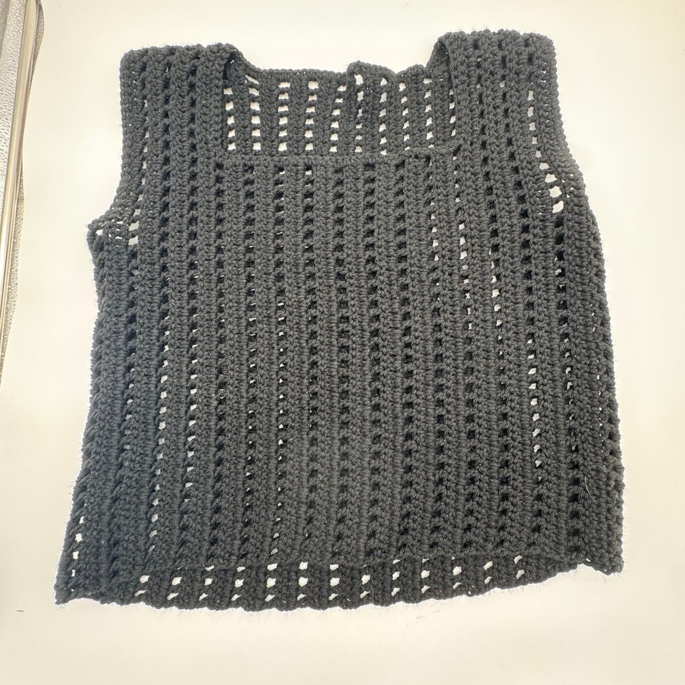 Handmade Crochet Tank Top Black Knit Square Neck Boho Sleeveless Shell Boxy